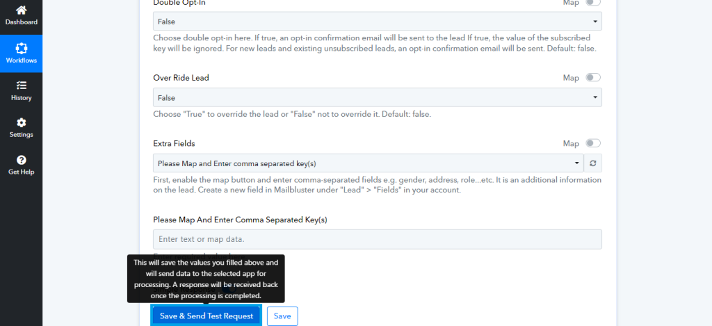 Save & Send Test Request of leads on Pabbly