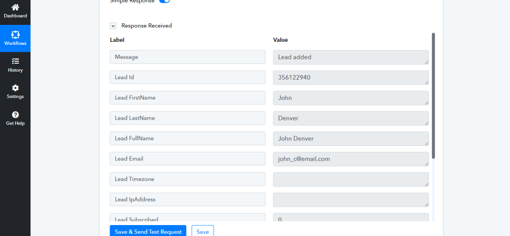 Response received with values on Pabbly