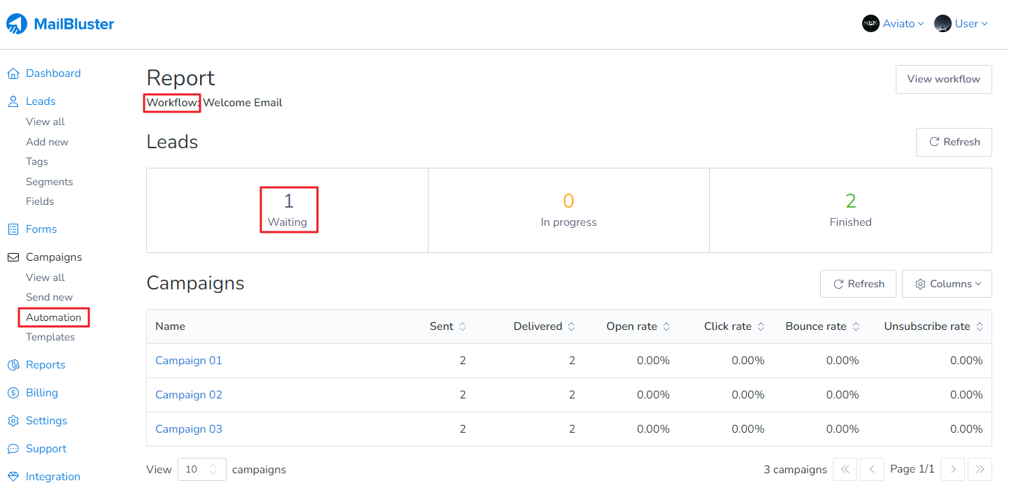 Waiting leads in Report of automation workflow in MailBluster