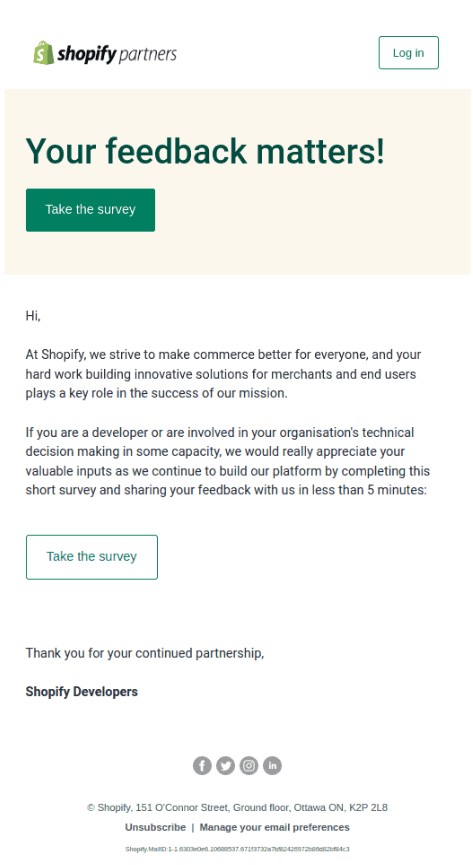 Survey email blast example from Shopify.