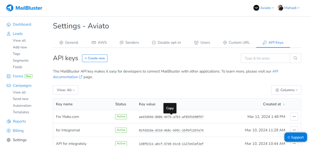 Copying Key value in MailBluster