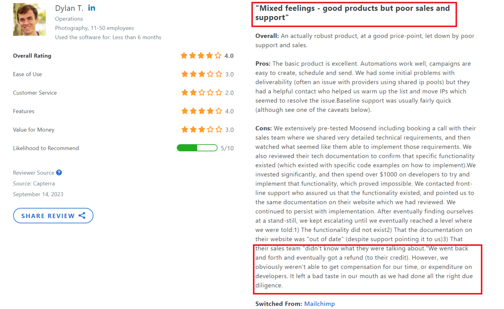 Review for Moosend on Capterra 1