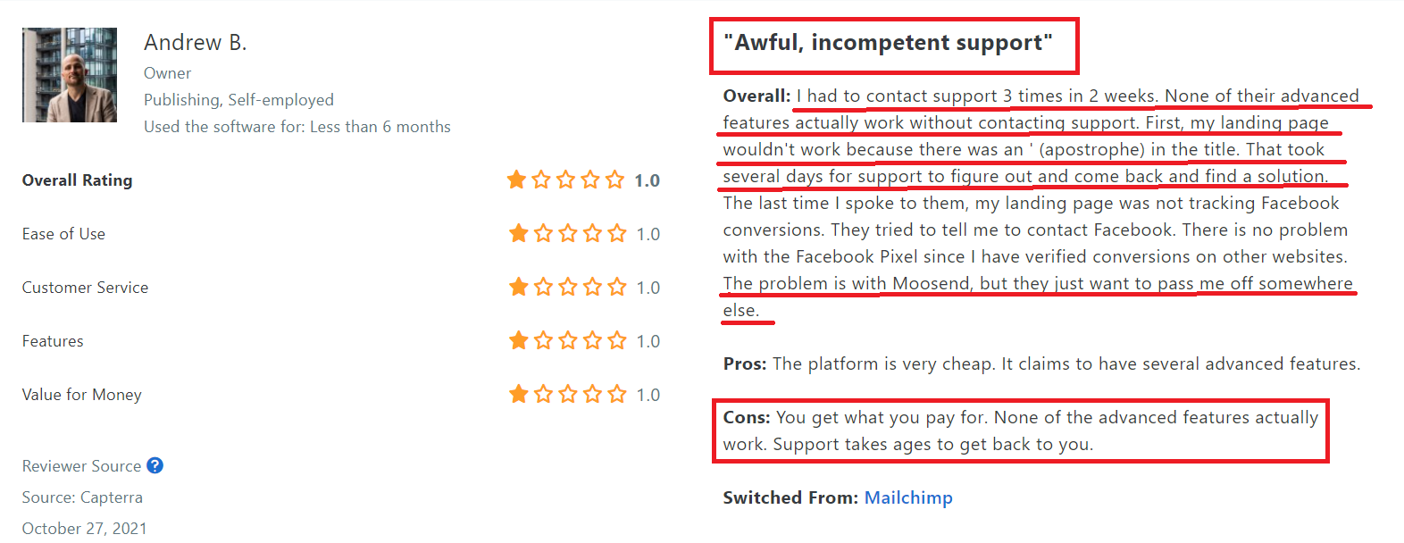 Review for Moosend on Capterra 2