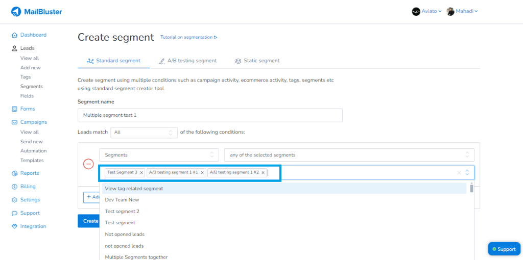 Adding multiple segments in MailBluster