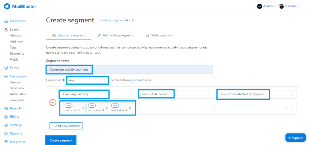 Campaign activity segment in MailBluster