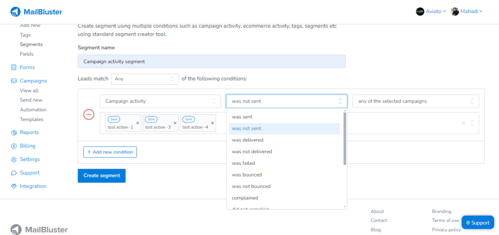 Selecting an option to send emails