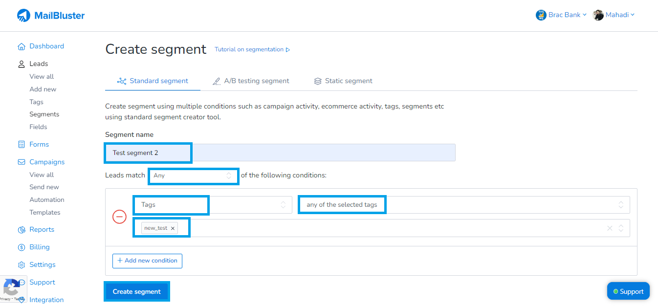 Create segment using tags condition in Standard segment