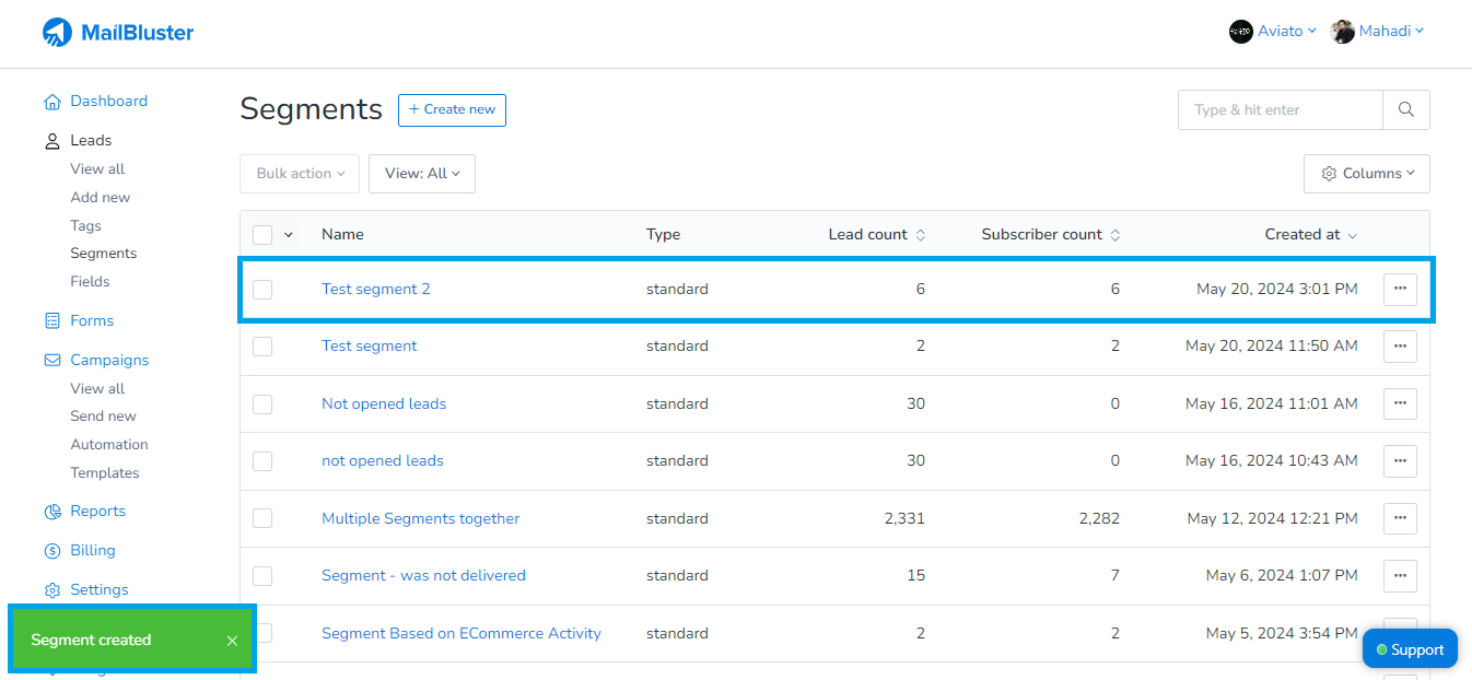 Segment added to the segments field