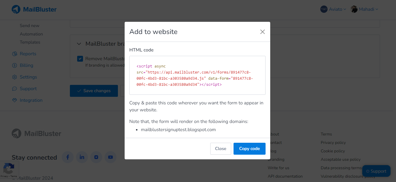 HTML code for inline form in MailBluster
