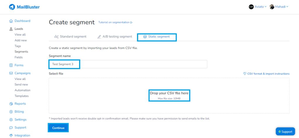 Creating static segment in MailBluster