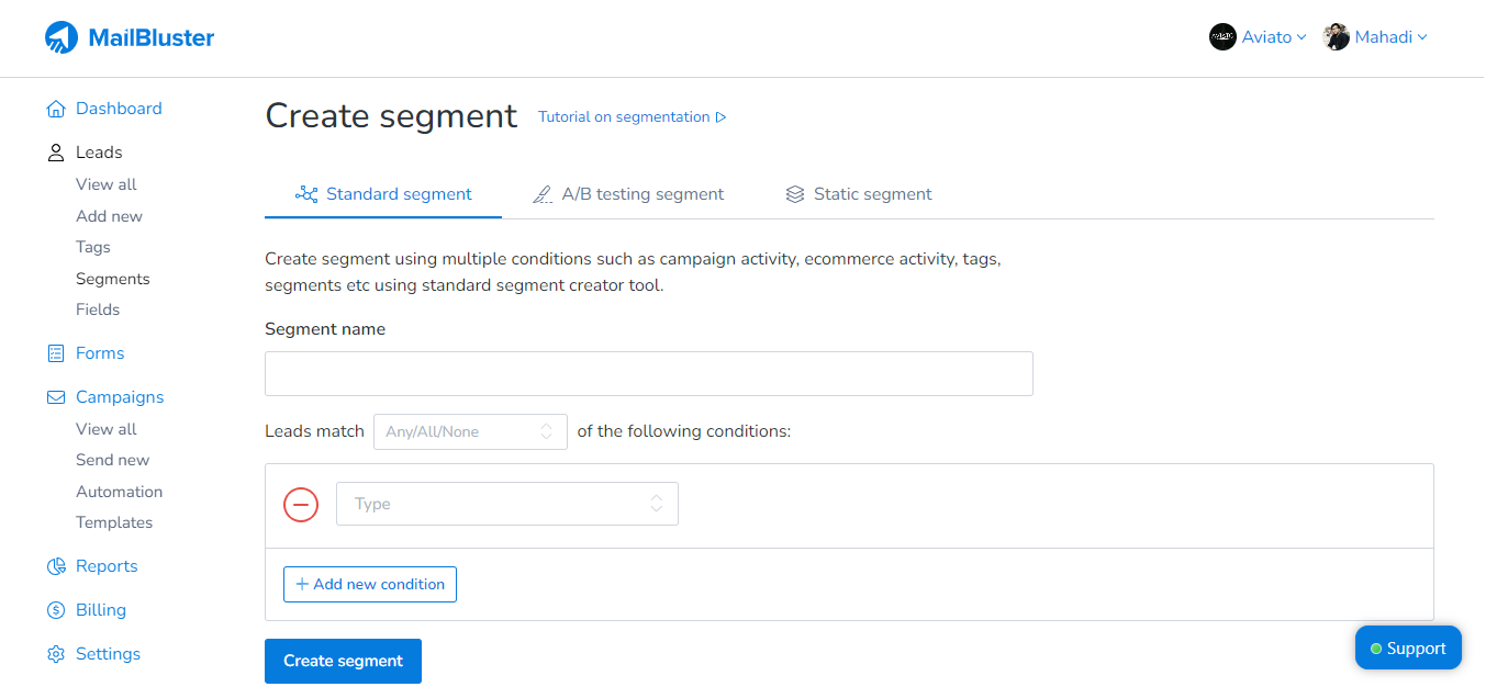 Creating standard segment section in MailBluster