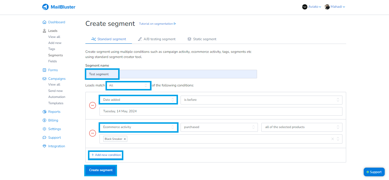 Creating standard segment section in MailBluster