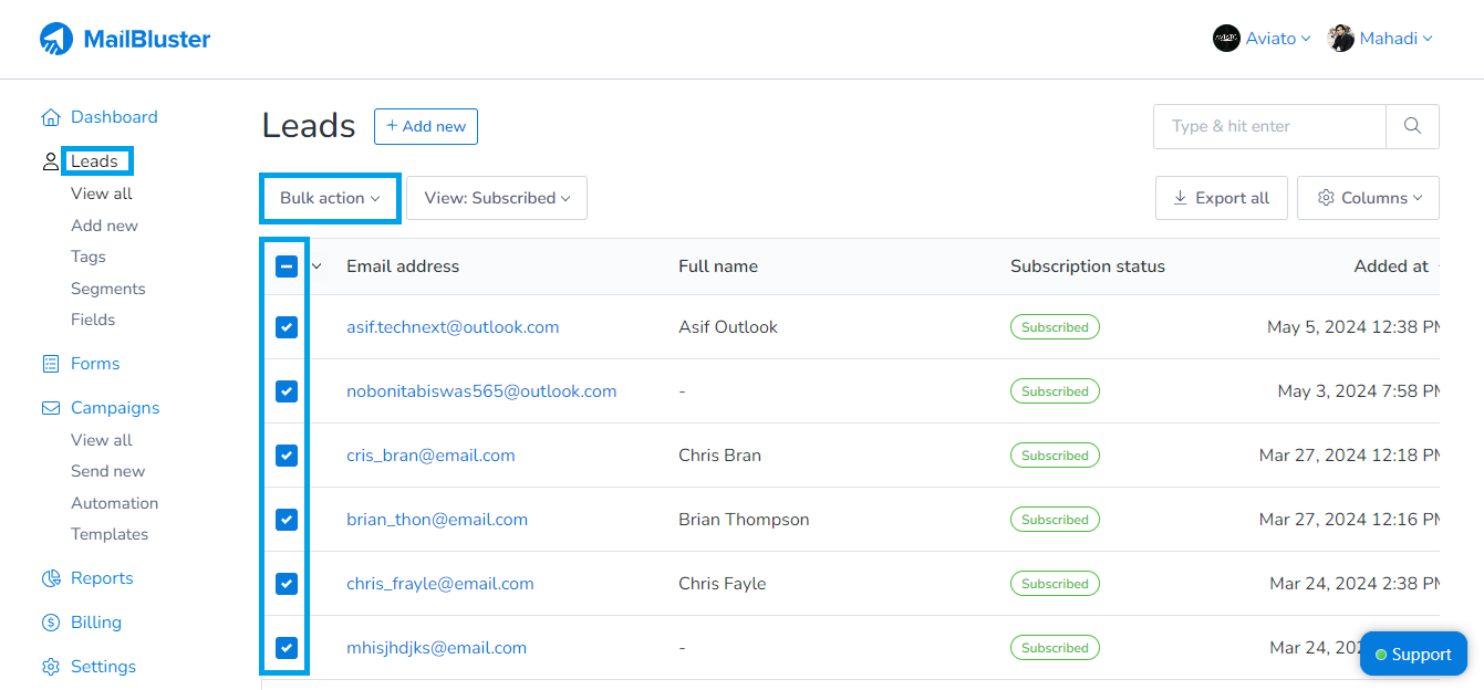 Leads Bulk selection in MailBluster