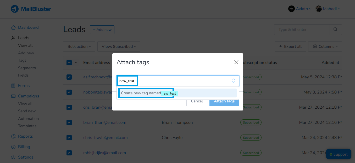 Attach tags dialog box in MailBluster