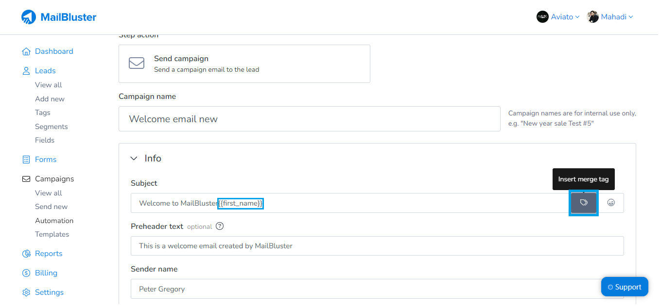 Email subject line personalization in MailBluster