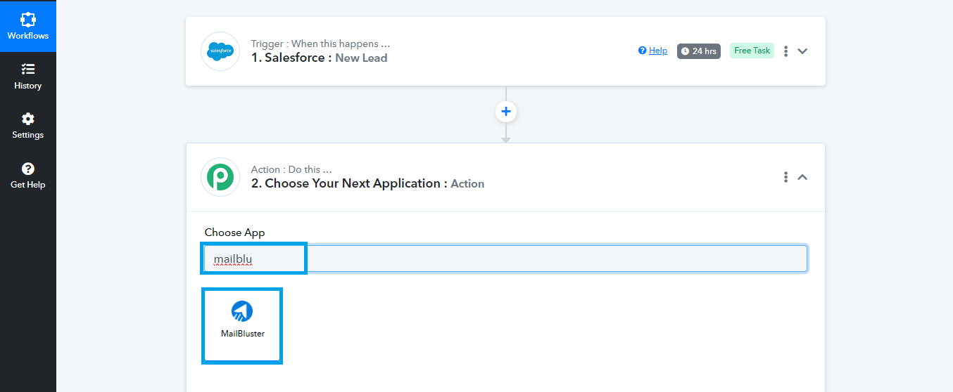 selecting app for action tab in pabbly