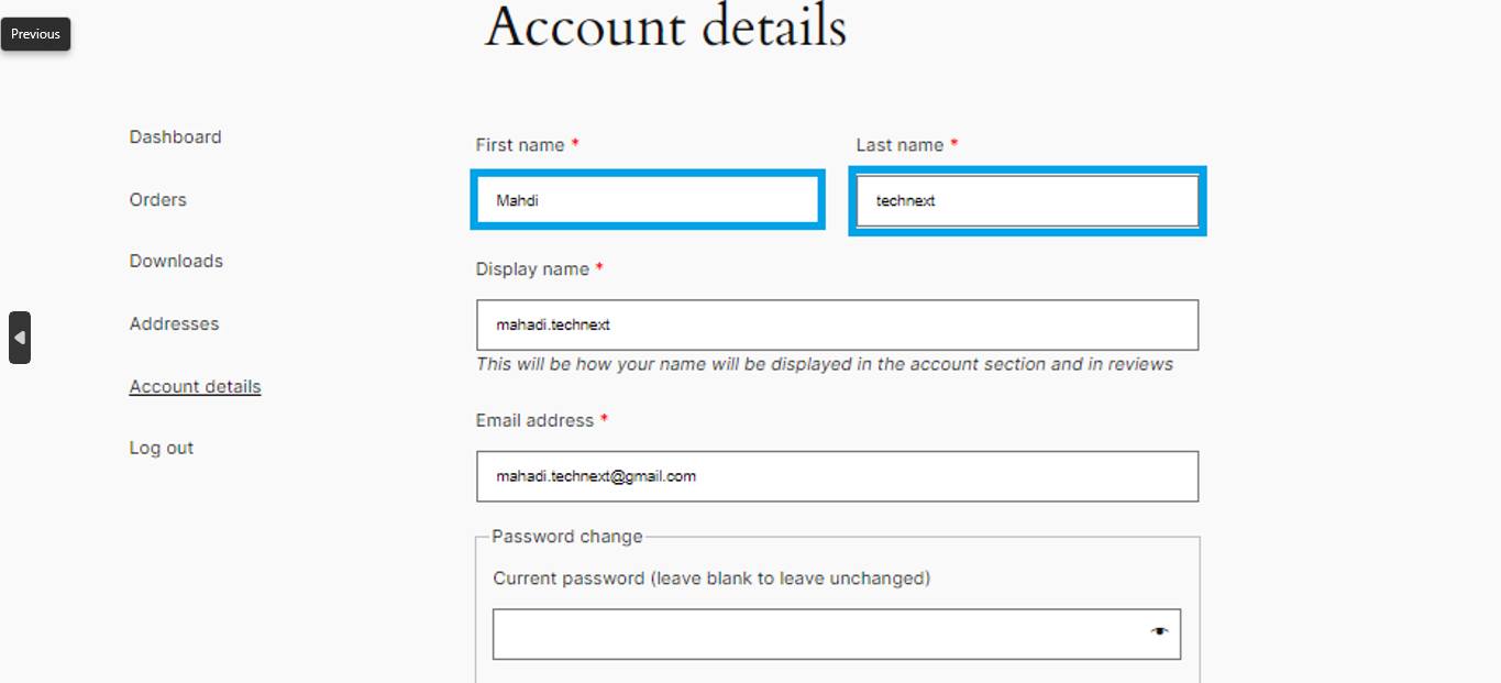 Account details section in WordPress