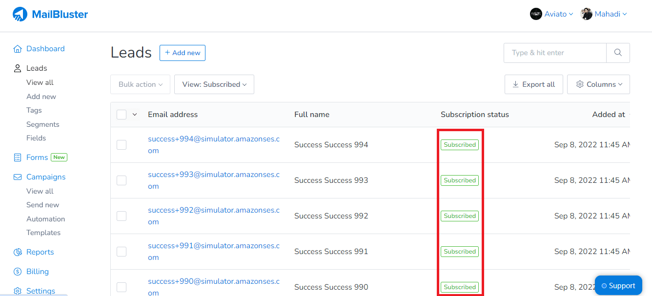 Subscribed leads in MailBluster