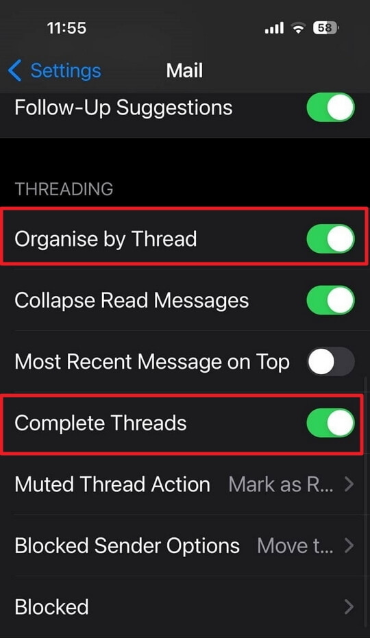 iPhone email thread enabling