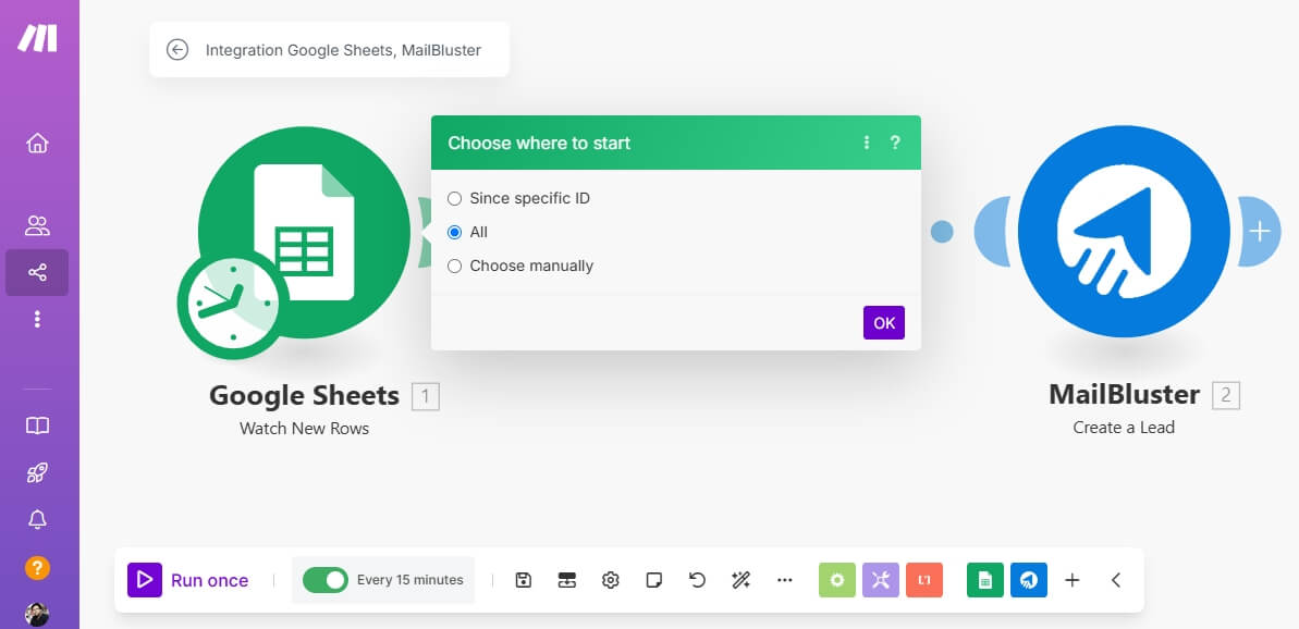 choose where to start in the Google sheet module