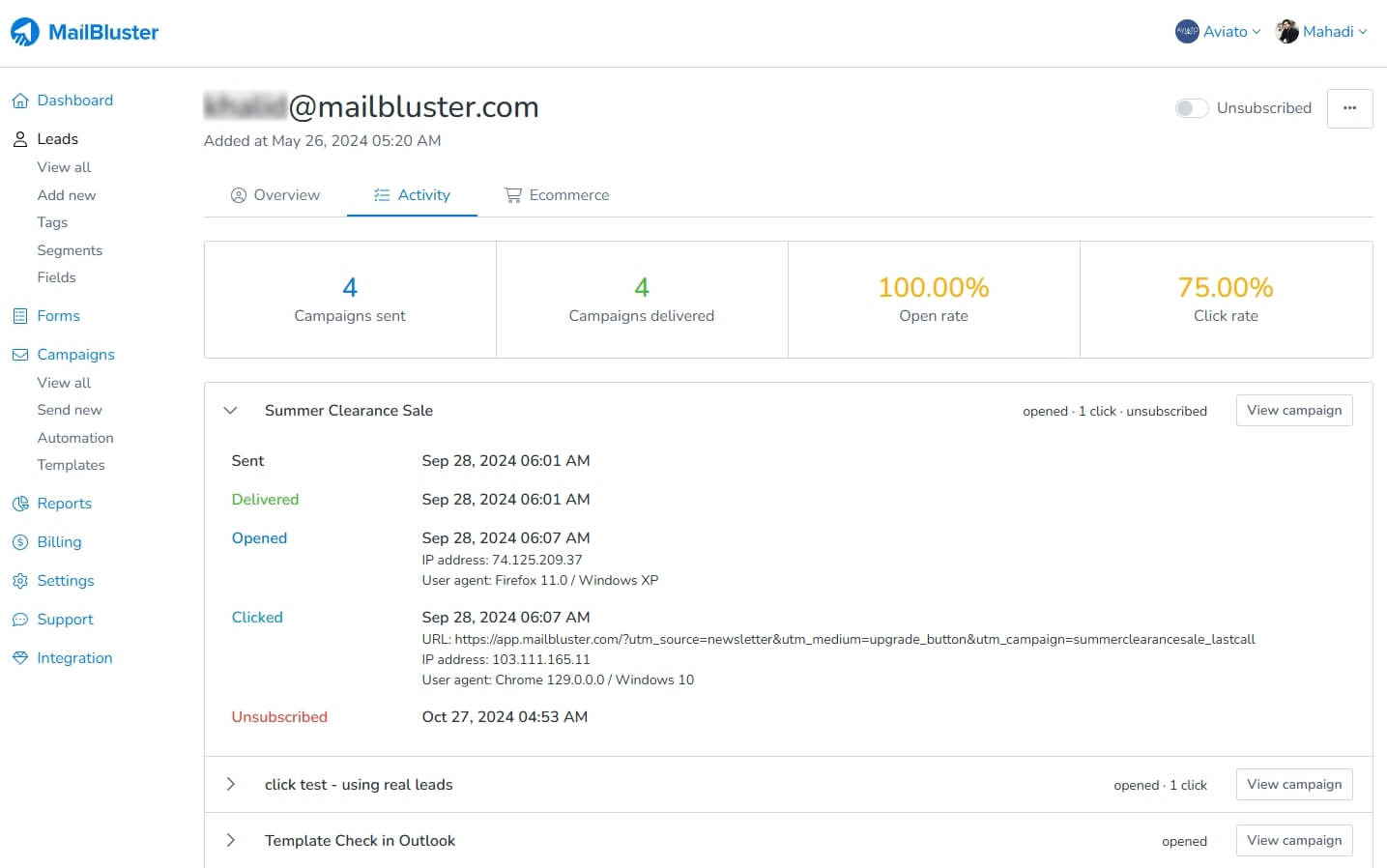 Subscriber’s activity in MailBluster