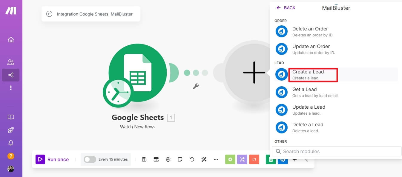 selecting Create a lead in MailBluster module