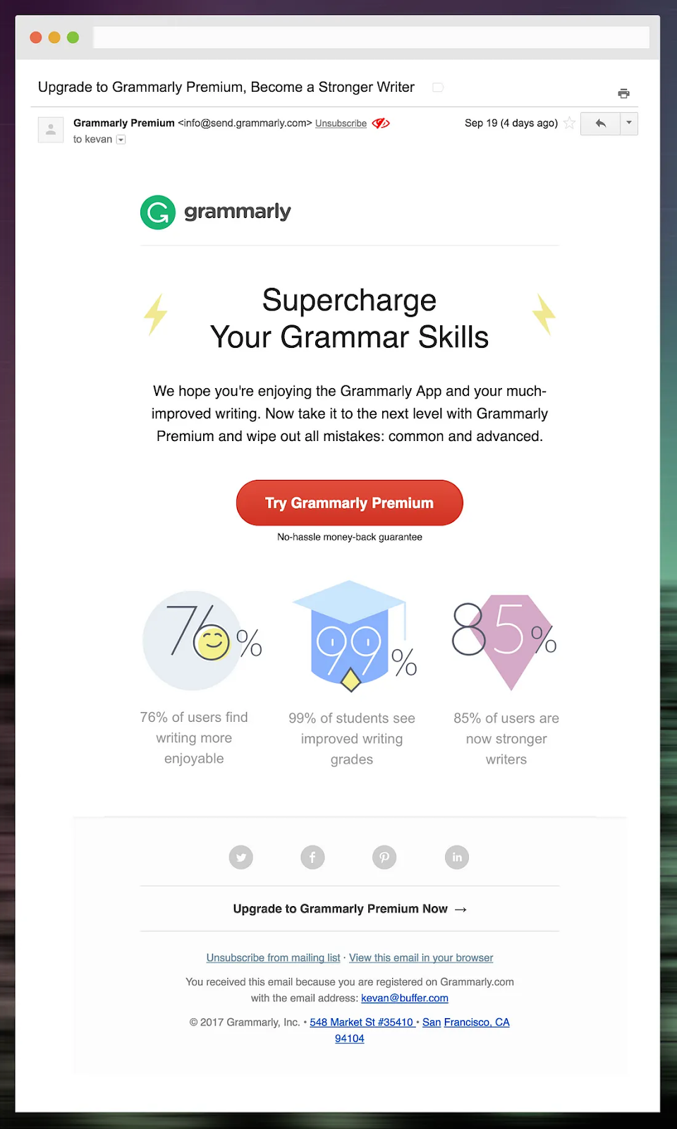 Email example of Grammarly on progress update.