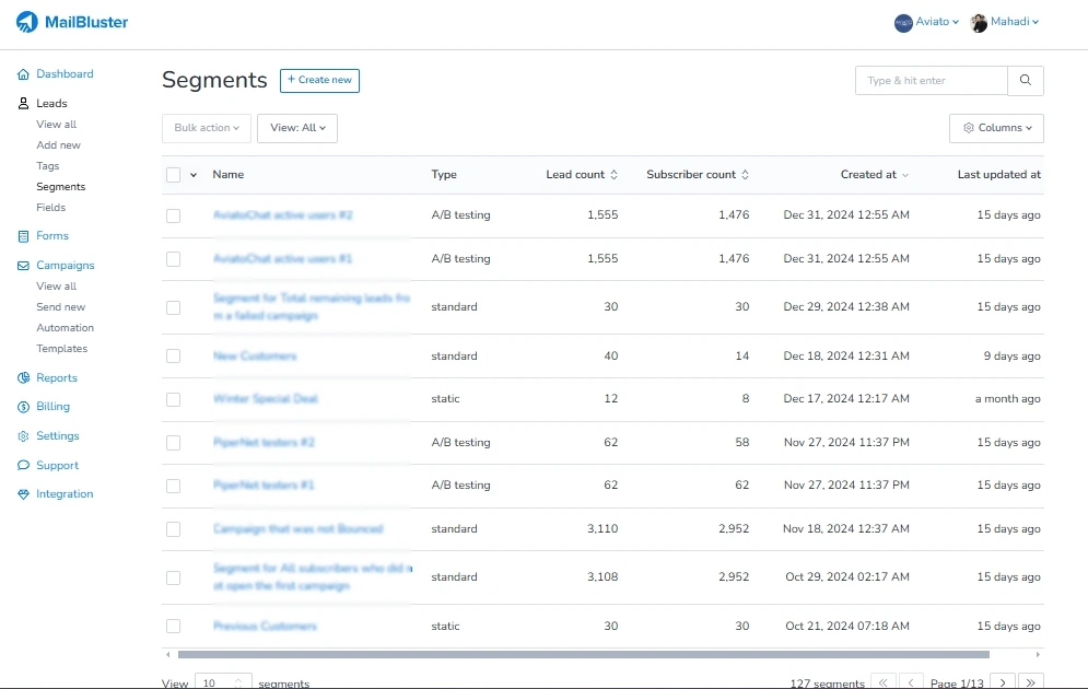 Segmenting section in MailBluster