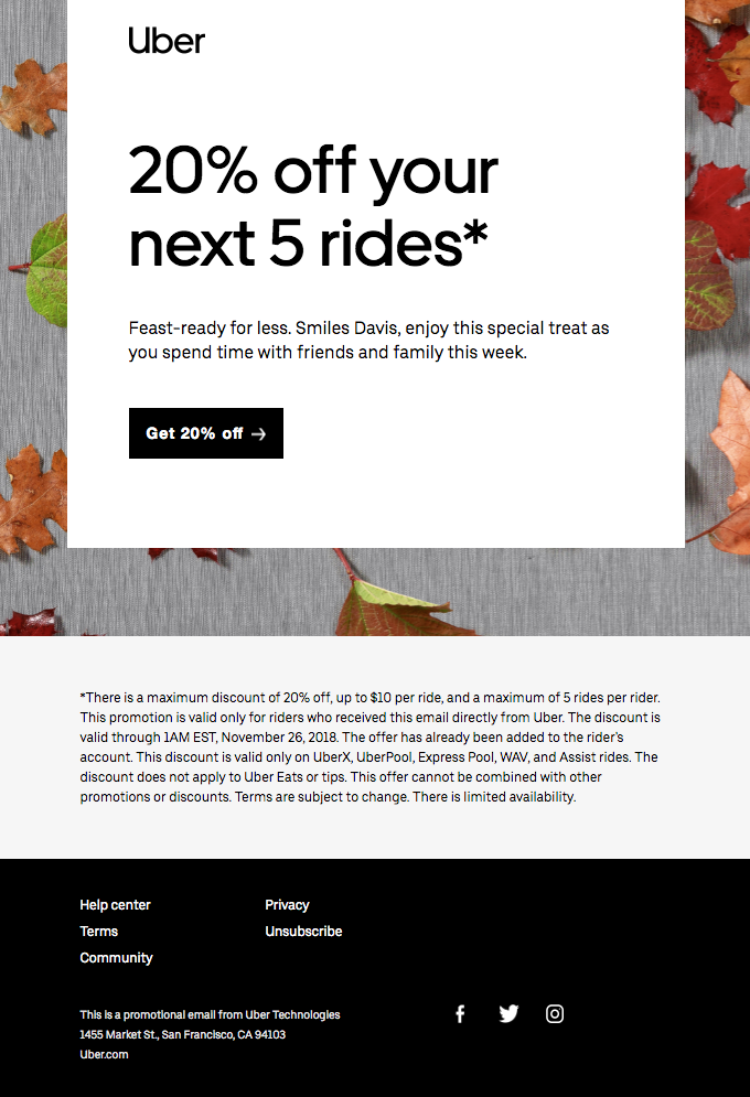 Email example of Uber on discount offer.