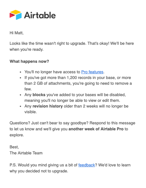 Example of personalized email templates of Airtable.