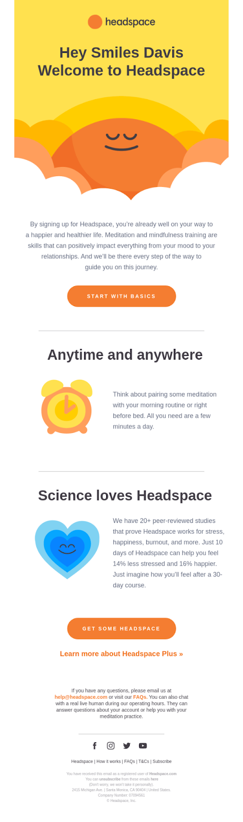 Example of welcome email template of Headspace.