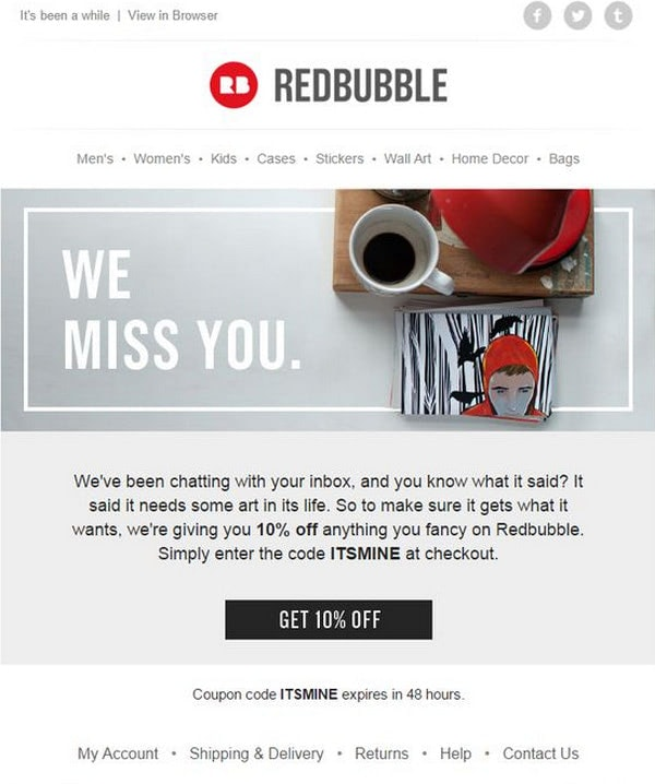 Redbubble's example as an ecommerce email template.