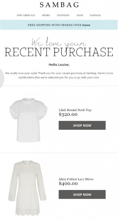 Post-purchase email example: Cross-selling email from Sambag