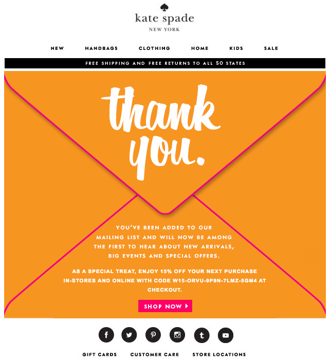 Kate spade's example as a welcome email.