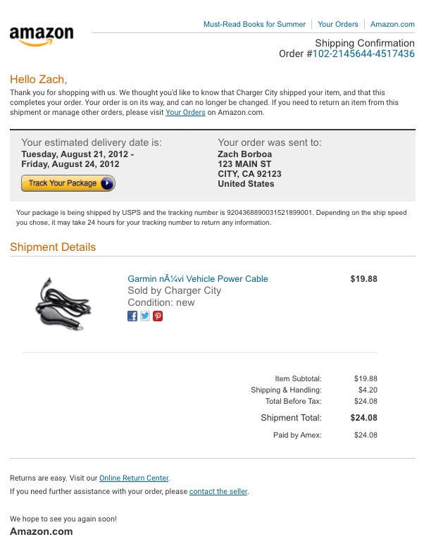 Post-purchase email example: Shipping email from Amazon