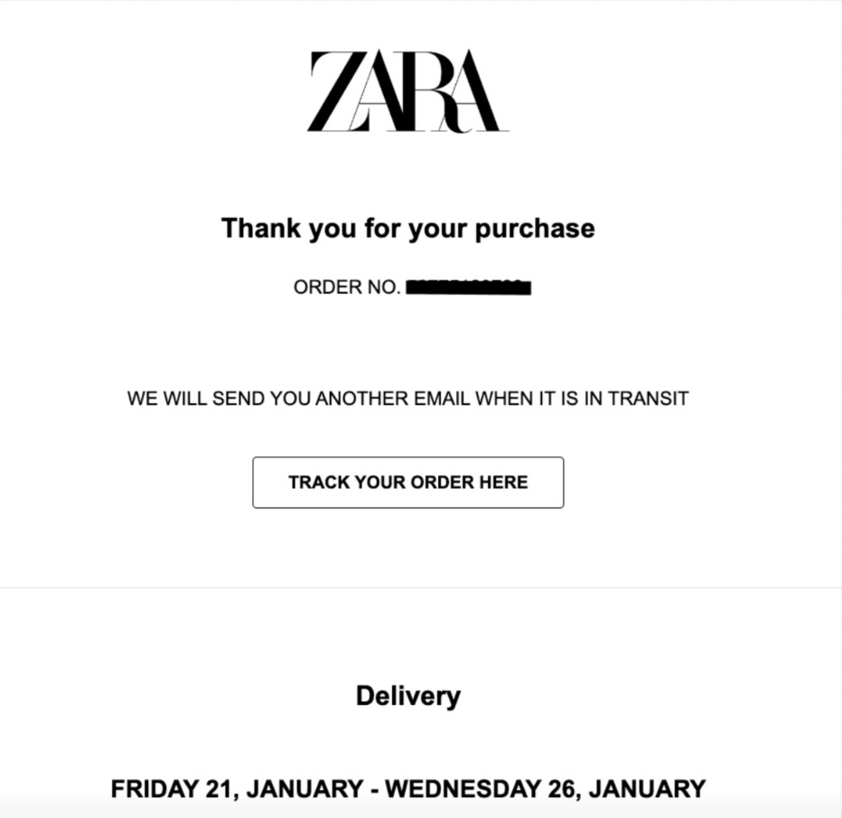 Purchase email example: order confirmation email with thank you from Zara