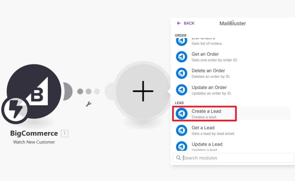 Selecting Create a lead in the MailBluster module