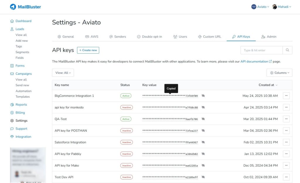 API Key creation on MailBluster
