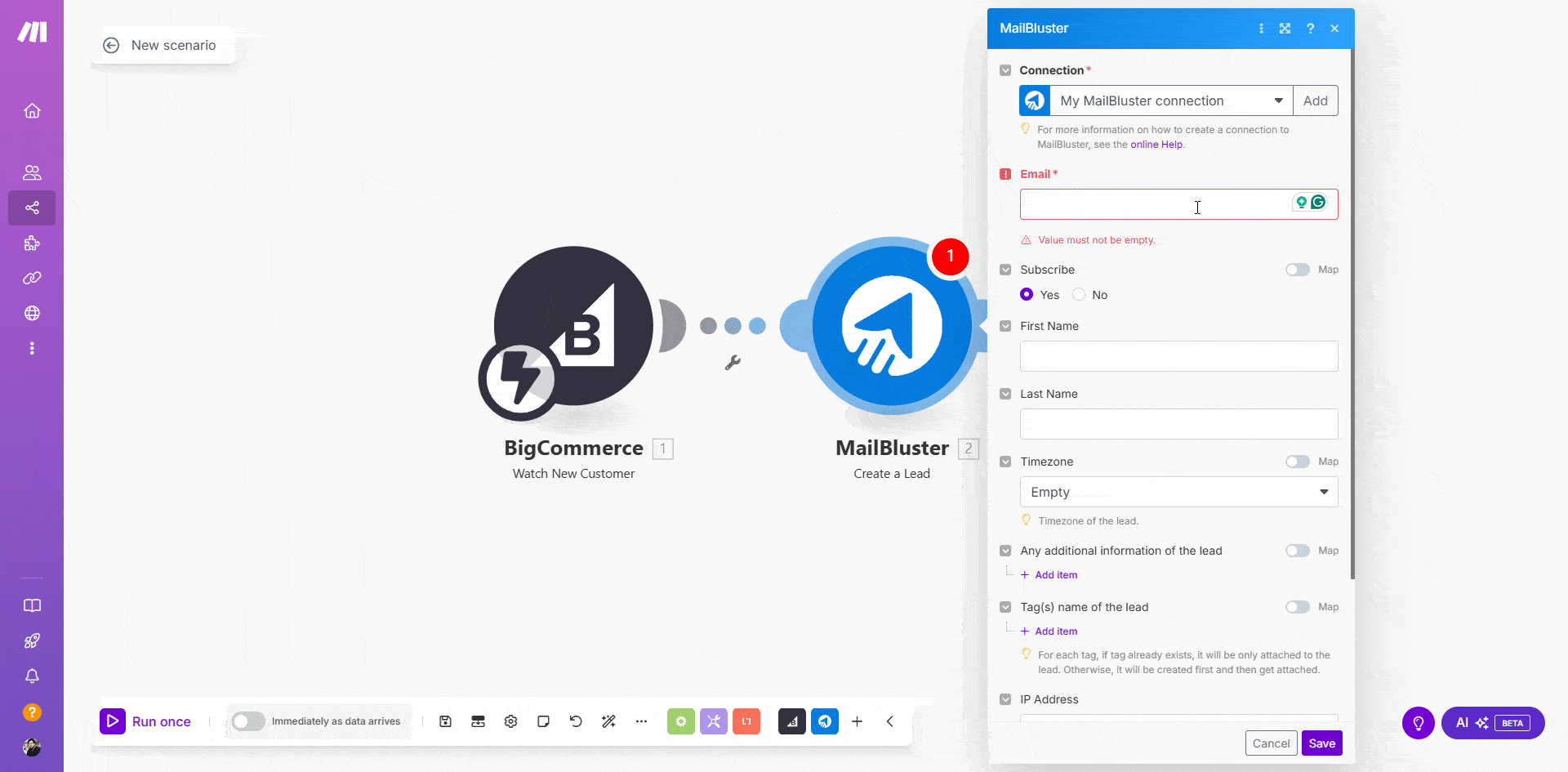 Selecting integration data from the pop-up on Make