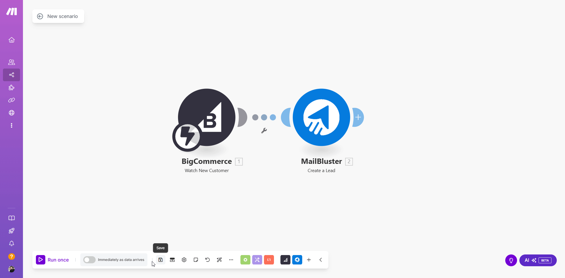 Saving scenario and immediate data integration enabling on Make