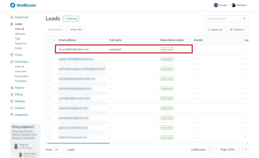 Lead is added to the Leads section on MailBluster