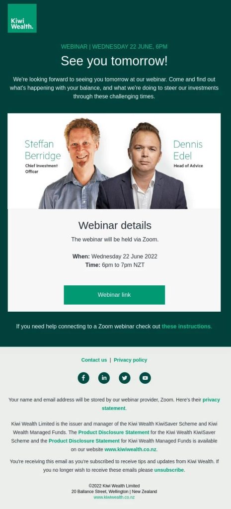 Corporate webinar event reminder email example from formerly known Kiwi Wealth
