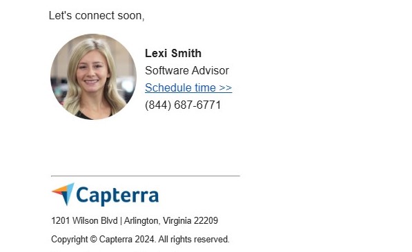 Email signature best practices: Email signature example from Capterra’s software advisor