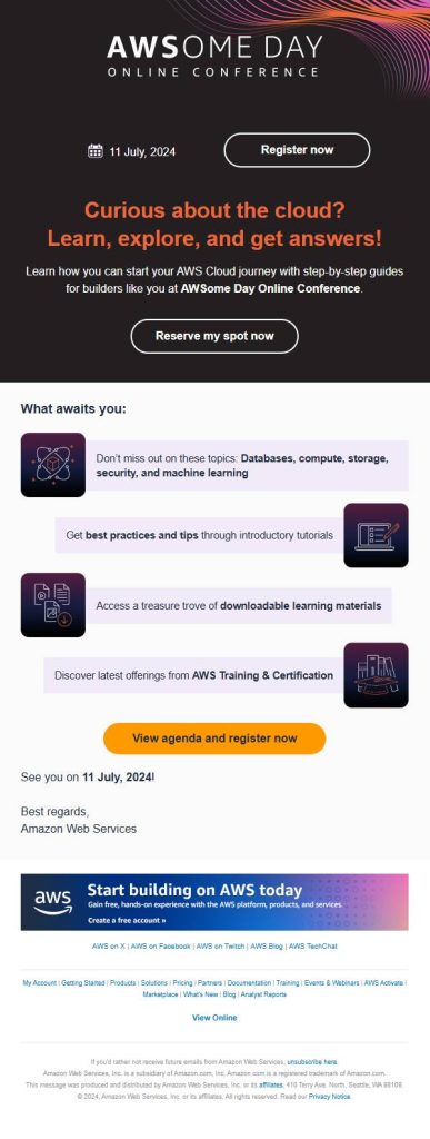 Event reminder email example for online conference email from AWS