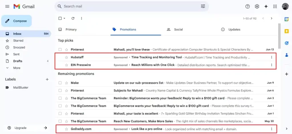 Gmail inside inbox email ads
