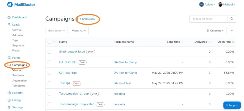 Creating new campaign in Campaigns section on MailBluster