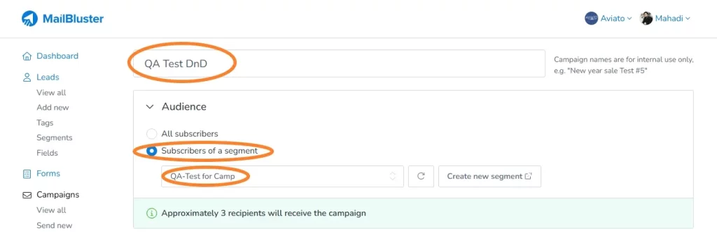 Campaign name, segment selection on MailBluster