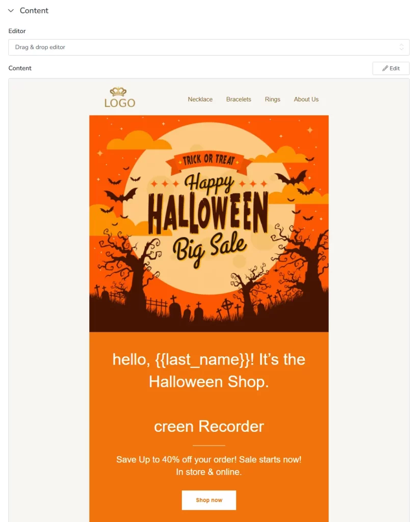 Content section sample template in campaign creation on MailBluster
