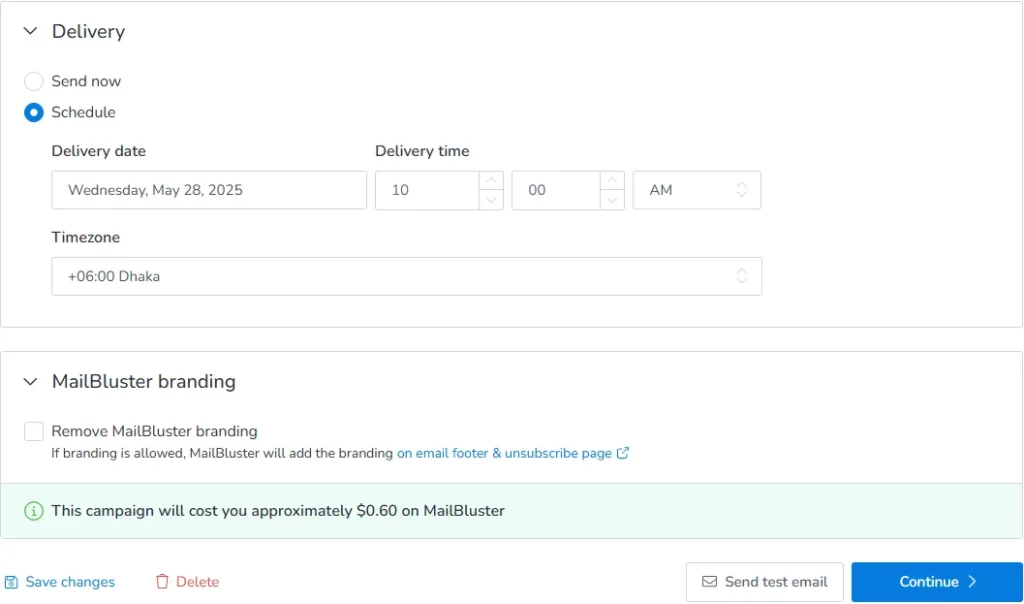 Delivery section in campaign creation on MailBluster