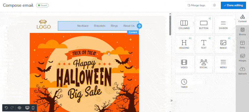 Composing email using the drag-and-drop editor on MailBluster